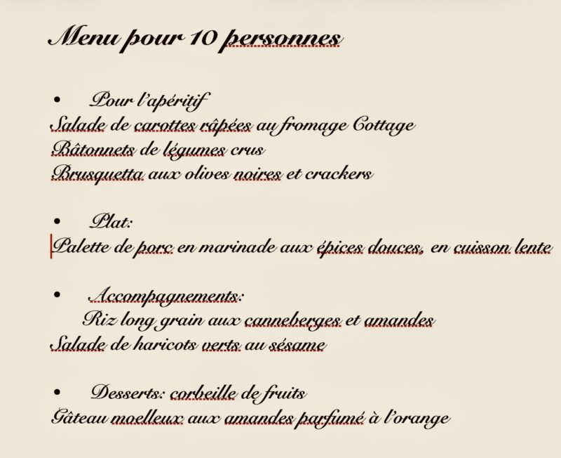 Menu pour 10 personnes